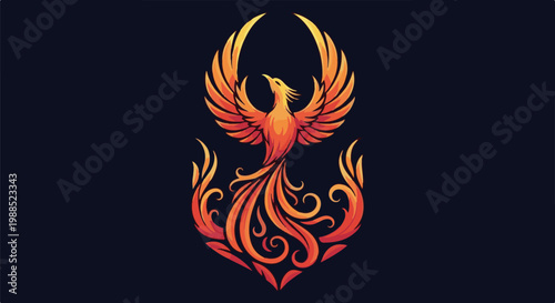 Mythical phoenix with fiery plumage and elaborate tail on dark background