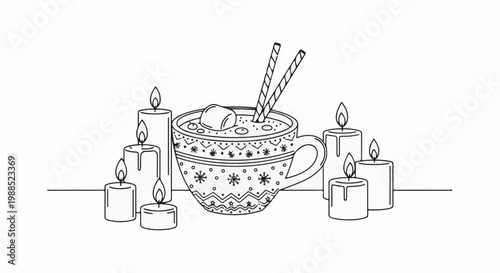 Cozy scene with hot beverage and lit candles