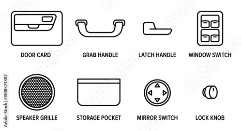 Car door card interior line icons showing window switch grab handle mirror control and speaker cover