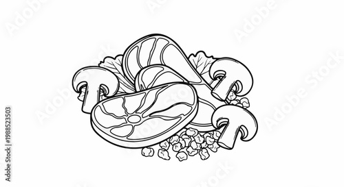 Illustration of raw meat steaks, mushrooms, lettuce, and small peppercorns