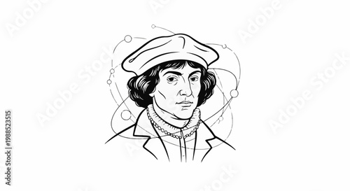 Line drawing of man with hat and planetary orbits