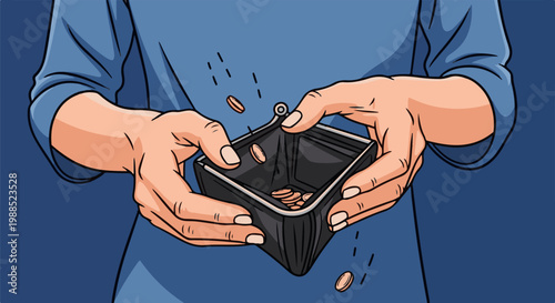 Hands holding an open, empty wallet with a few coins falling out