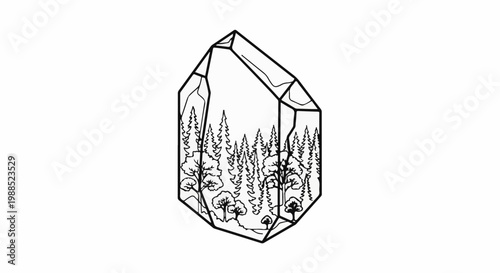 Line drawing of a faceted crystal containing a dense forest landscape