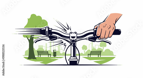 Hand grips handlebars of a bicycle moving through a park landscape