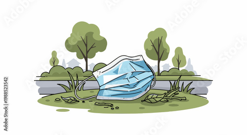 Discarded face mask on grassy area with trees and houses in background