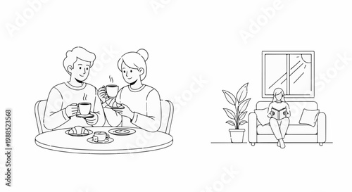 Couple enjoys coffee, woman reads by sunny window