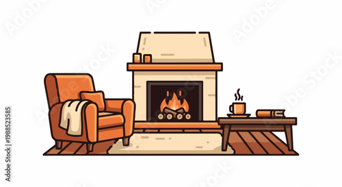 Cozy armchair beside a lit fireplace with a book and hot drink
