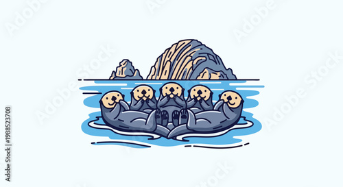 Cute otters floating on water near rocky islands