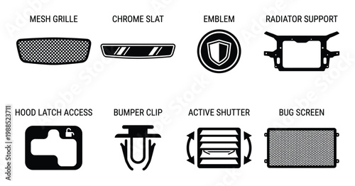 Car grille chrome slat emblem radiator support hood latch access bumper clip