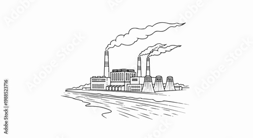 Industrial factory with smoking chimneys and water in foreground