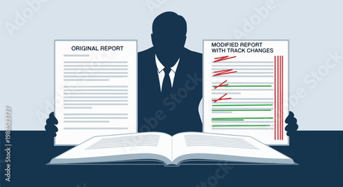 Businessperson showing original and modified report with tracked changes