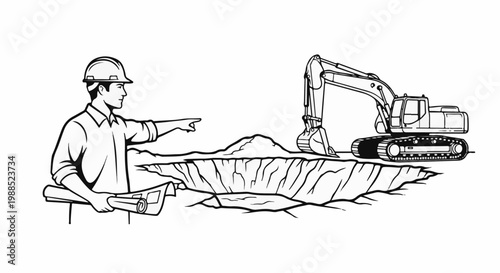 Construction worker with blueprints points at excavator digging a large hole