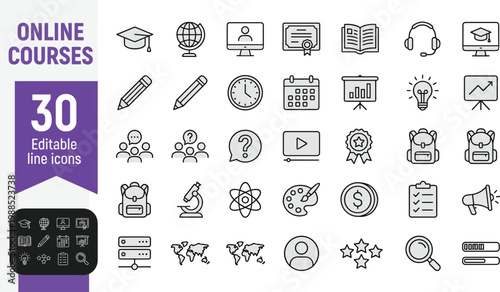 Colorful flat design vector icon set showcasing 30 essential e-learning and online education tools. Ideal for educational apps, websites, presentations, and digital marketing materials.
