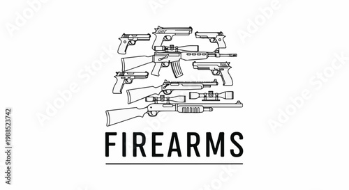 Line art collection of various firearms, including pistols and rifles