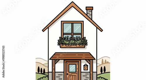 Charming cartoon house with a porch, window box, and scenic hills
