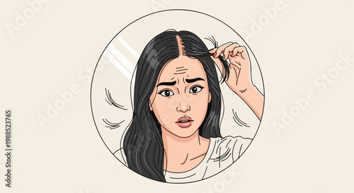 Concerned woman examining thinning hair in mirror