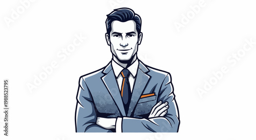 Cartoon man in a light blue suit, orange tie, and pocket square, arms crossed