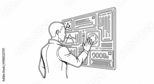 Man interacting with futuristic digital display showing graphs and data