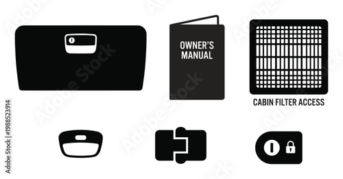 Car interior components and elements set black icons on transparent background