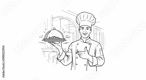 Cheerful chef proudly presents a covered dish in a restaurant setting