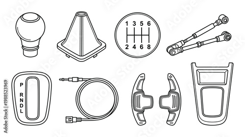 Car interior parts and accessories set linear icons on transparent background