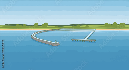 Calm blue water with piers and a green treed coastline