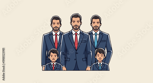 A team of three adults and two children, all dressed in formal suits