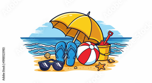 Bright sunny beach scene with umbrella, ball, flip-flops, and toys