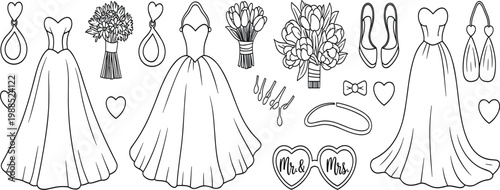 Hand drawn wedding accessory set with bridal gowns floral bouquets and jewelry for marriage celebration and fashion vector