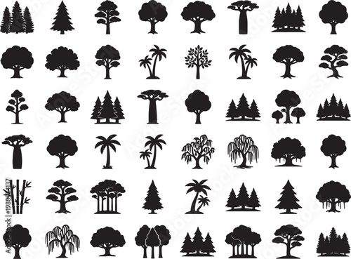 Collection of diverse tree silhouettes representing various species and growth forms