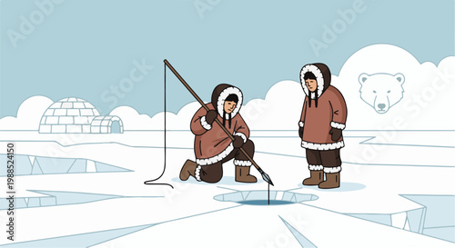 Arctic dwellers ice fishing near an igloo with a polar bear outline