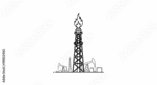 An industrial scene depicts a towering flare stack ablaze amidst oil extraction equipment