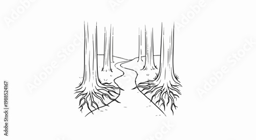 A winding path leads through a forest with exposed tree roots