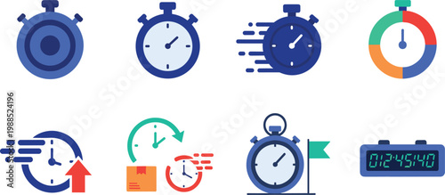 Time management and stopwatch icons set with countdown timers scheduling speed performance and deadline tracking elements design