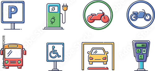 Transportation and parking icons set including electric charging bicycle bus accessibility car garage and payment meter signs