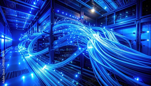 Intricate network of glowing blue fiber optic cables transmitting data in a high-tech server room environment, showcasing digital connectivity.
