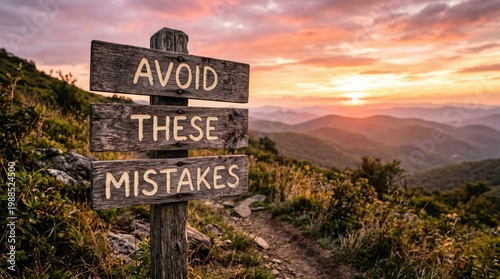 Wooden signpost with avoid these mistakes written in mountain sunset mistakes signpost guidance direction mountain