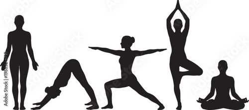 Collection of diverse yoga poses illustrated as black silhouettes against a plain white background