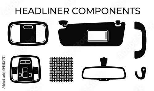 Headliner components silhouette set with sun visor overhead console rear view mirror and grab handle
