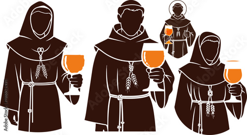 Vintage monk beer brewery vector set, medieval friar holding ale goblet, traditional monastery brewing characters for craft beer labels