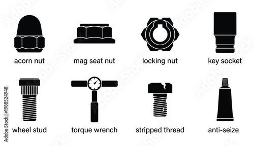 Lug nut types and wheel mounting hardware silhouette icons for car maintenance and tire installation