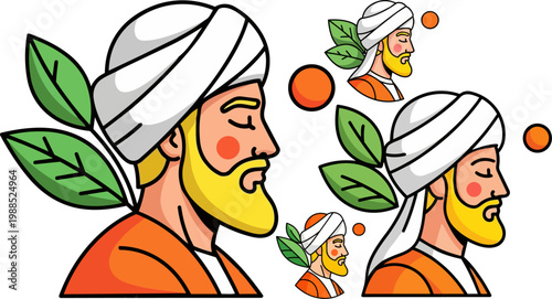 Middle Eastern man with turban and beard vector illustration, traditional Arabic male character profile, herbal medicine and nature concept art