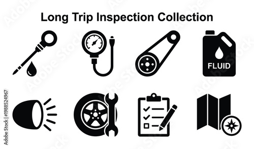 Long trip inspection collection icons for car maintenance and preparation vector illustration