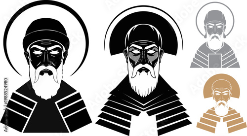 Orthodox saint icon vector set, religious monk with beard and halo, spiritual christian priest illustration, sacred byzantine style portraits