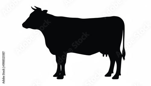 Cow silhouette with solid black shape on white background for farm branding and livestock graphics featuring ranch, cattle, dairy with herd and
