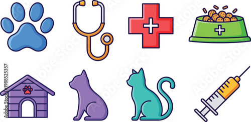 Veterinary and pet care icons set with paw stethoscope medical cross food house animals and syringe design