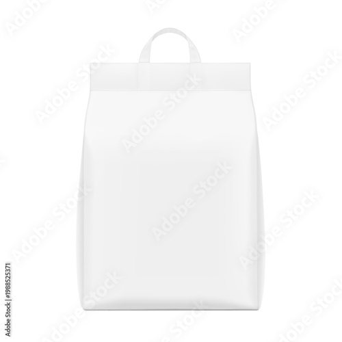 Paper packaging bag with handle mockup. Half side view. Vector illustration isolated on white background. Ready for use in presentation, promo, advertising and more. EPS10.