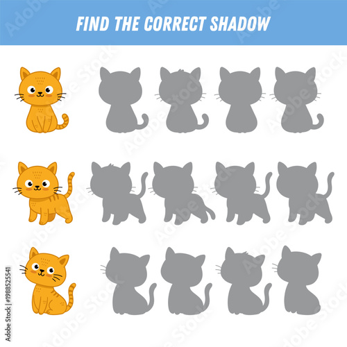 Find correct shadow of cartoon cat. Educational logical game for kids. Funny brown kitten. Vector illustration