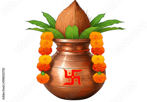 Decorated Kalash pot with coconut, mango leaves, and marigold garlands, featuring swastika symbol, isolated on transparent background