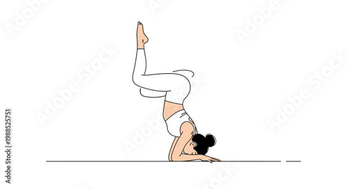 Minimalist line art illustration of a woman performing a challenging yoga headstand pose, symbolizing balance, strength, and mindful fitness for a healthy lifestyle.